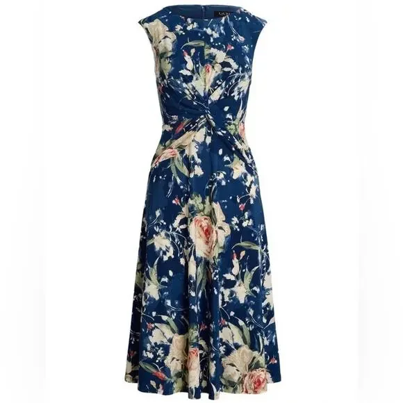 Ralph Lauren Midi Dress Blue Floral Twist Front Stretch Jersey Wedding Guest 6 - Picture 2 of 14